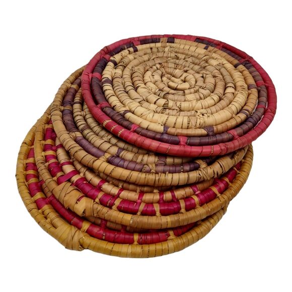 4 Handcrafted Vintage African Coil Basket Woven Wicker Rattan Trivets Wall Decor - Picture 2 of 16